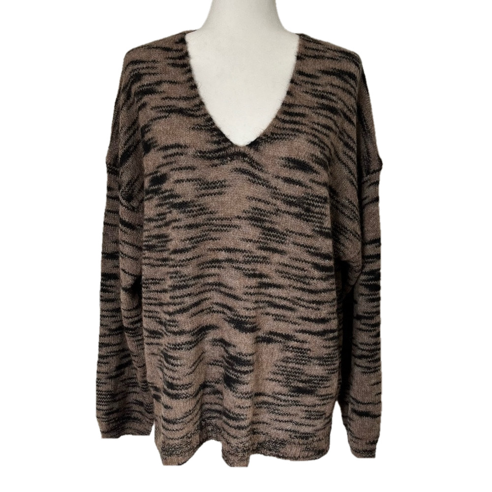Massimo Dutti Alpaca Wool V Neck Oversized Sweater Large Brown Animal Print L